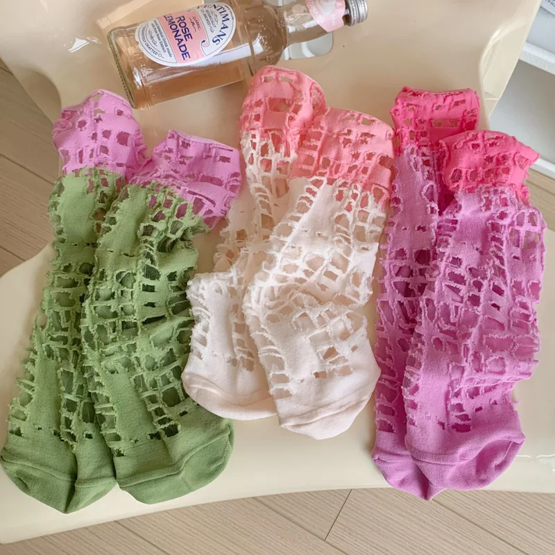 

Women Summer Kawaii Cute Lace Stockings Thin Broken Beggar Hollow Mesh Ice Silk Comfortable Bright Color Mid-tube Stockings