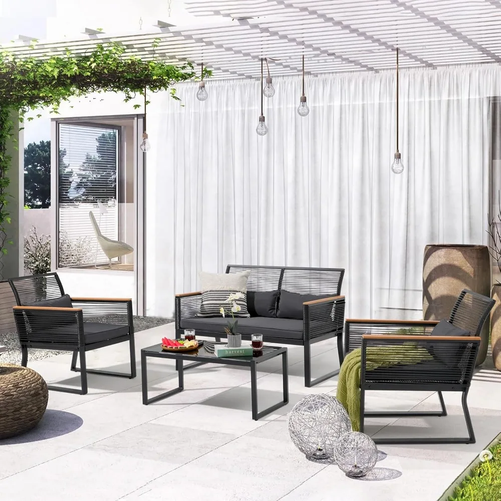 

4 Piece Patio Furniture Set, Outdoor Wicker Bistro Set, All-Weather Black PE Rattan Conversation Set w/Coffee Table, Loveseat,