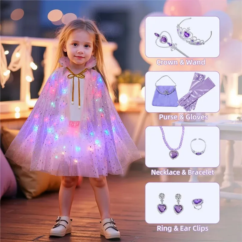 Pink LED Ice and Snow  Girl Sleeping Beauty Cosplay Costume Summer Cloak Skirt Accessories 2-10Y  Elegant Gown