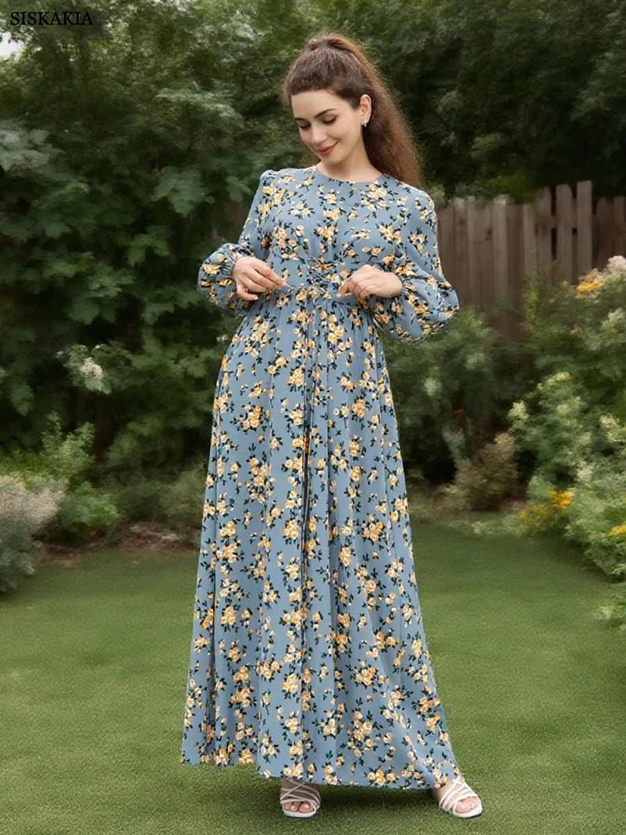 

Siskakia Muslim Floral Print Belt Maix Dress Dubai Bundled Sleeve Kaftan O-Neck Fashion Abaya