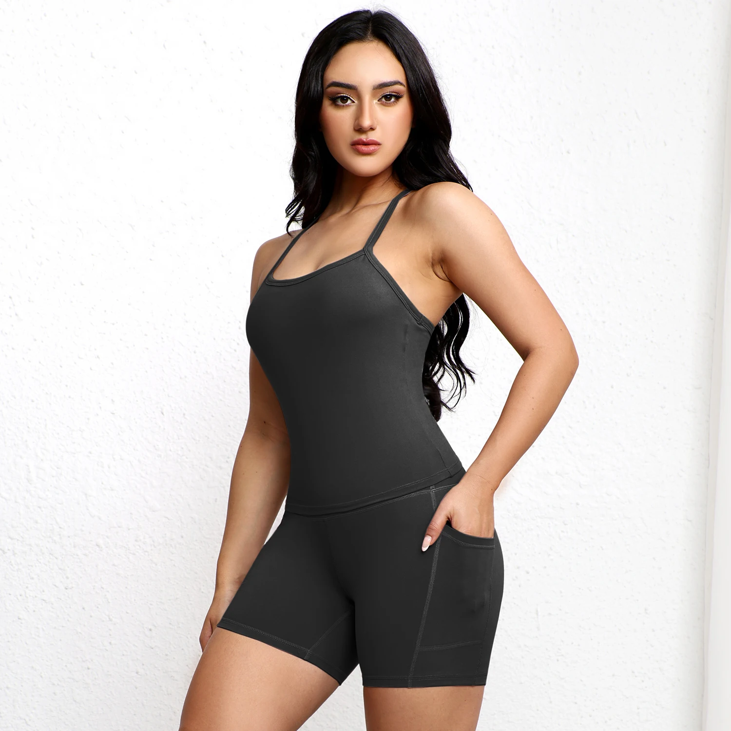 2PCS Yoga Set Padded Sports Bra Tank Top Matching Lifting Shorts with Pocket Workout Outfits Women Tracksuits Casual Sportswear