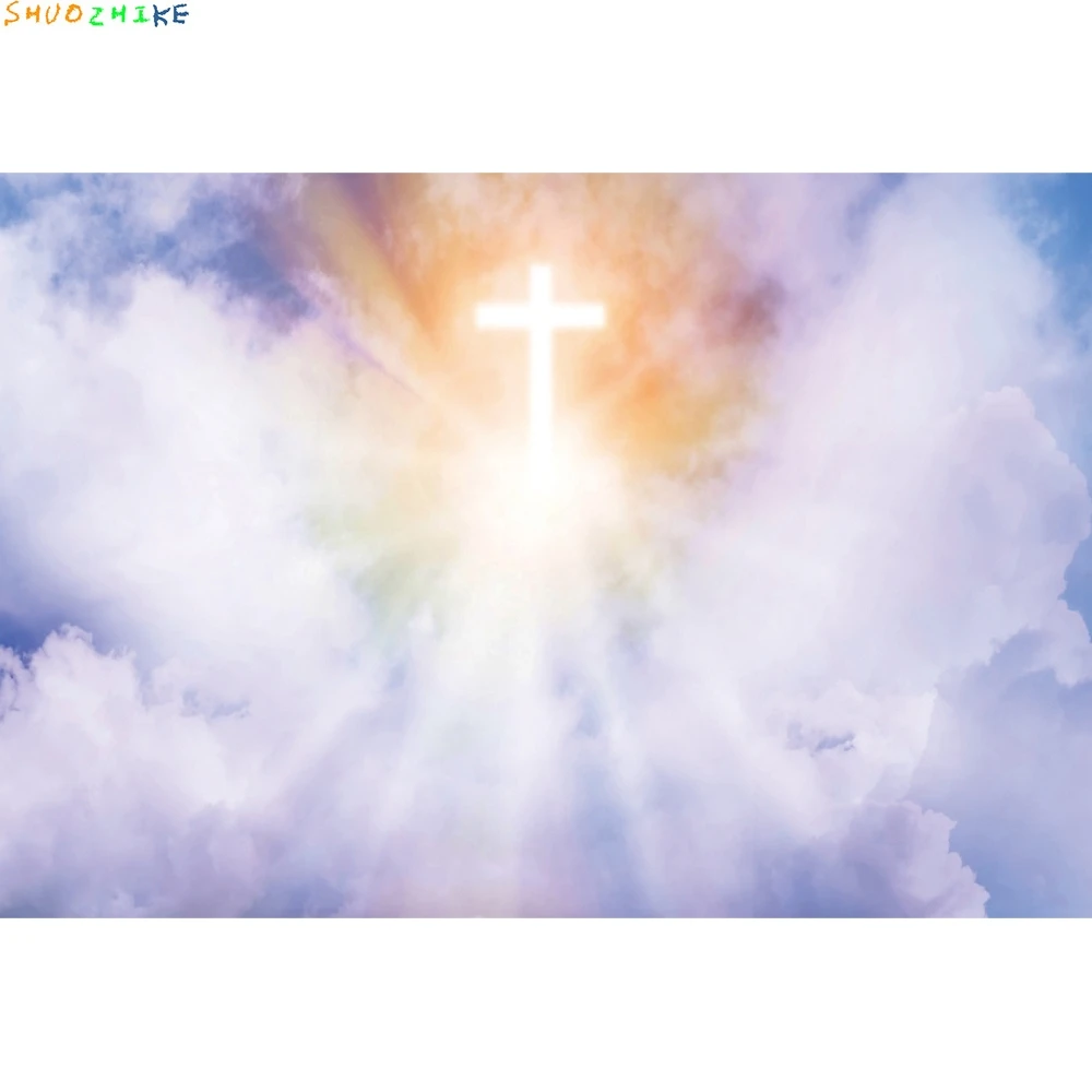 Небо открываются со световыми лучами сияющие фоны для фотосъемки деревянный крест Calvary Hill драматический закат фото фон HB-01