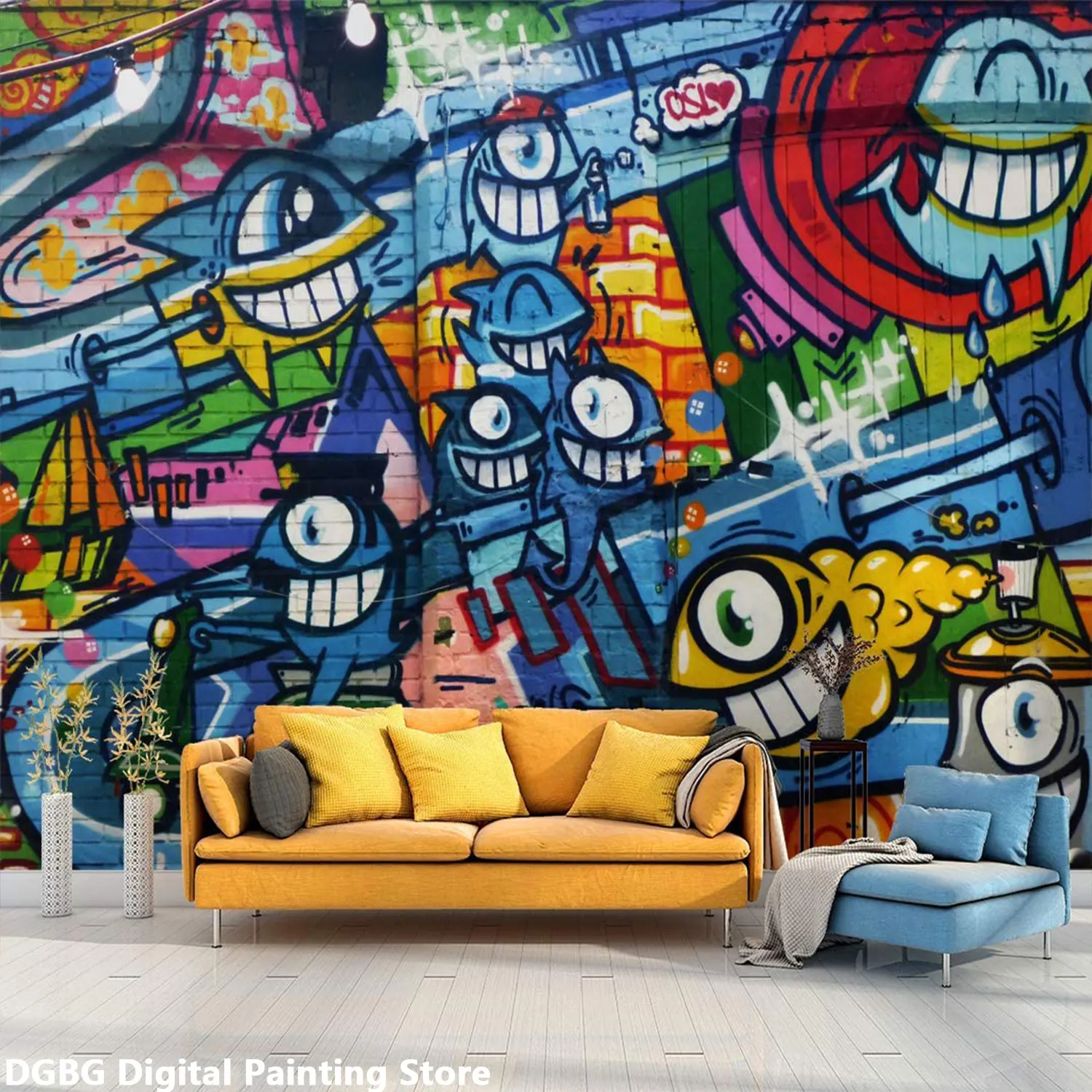 

Custom Mural Wallpaper Canvas Interior Posters Decoration Murales Vibrant Neon Spray Paint Typography Graffiti Street Pop Art