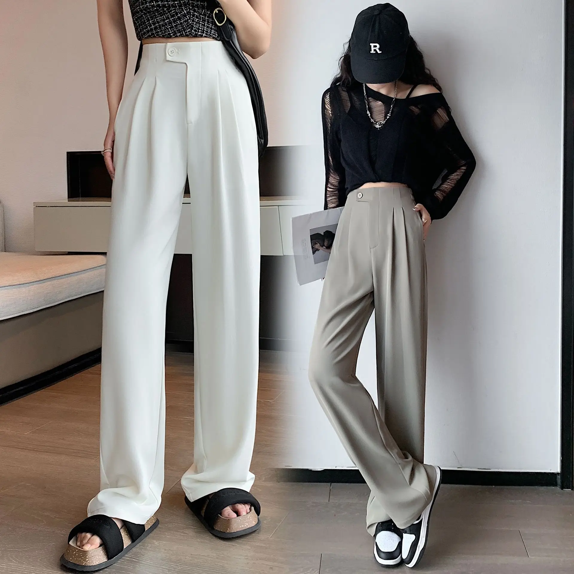 

HappyLisa Women Spring Summer Long Suit Pants Ladies High Waist Wide Leg Floor-Length Loose Pant Female Casual Trousers P09