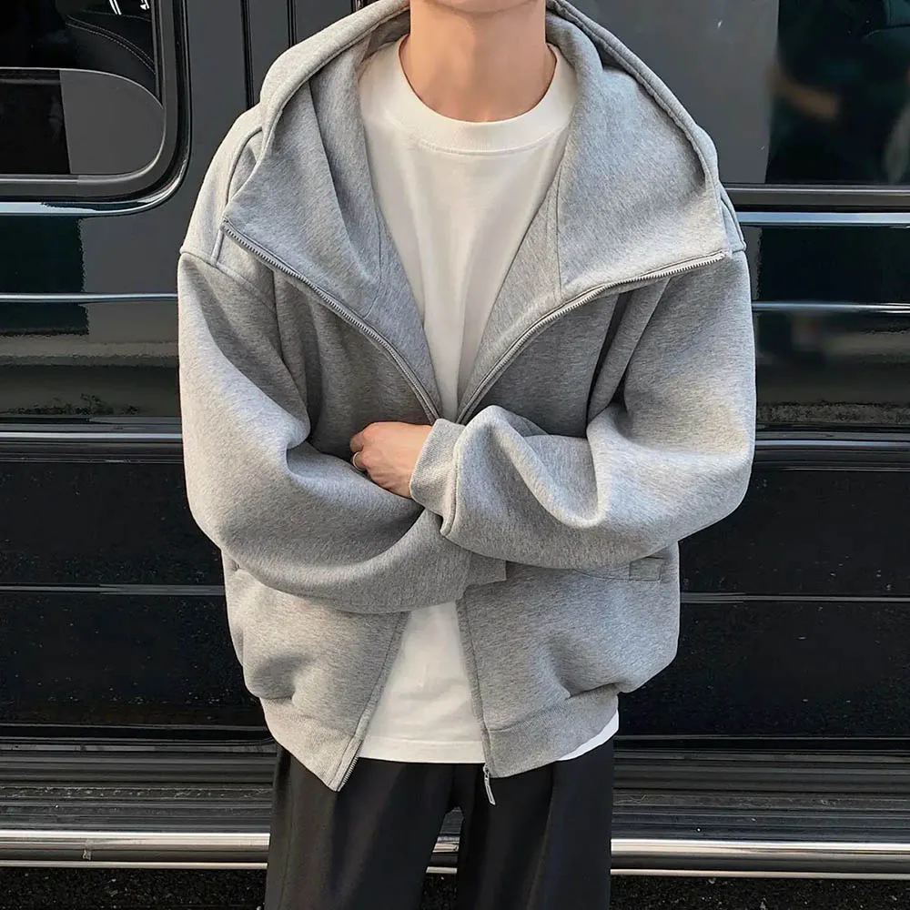 

2025 New Men's Solid Color Long-Sleeved Cardigan Sweatshirt American Retro Fashion Trend Street Casual Loose Niche Men's Tops