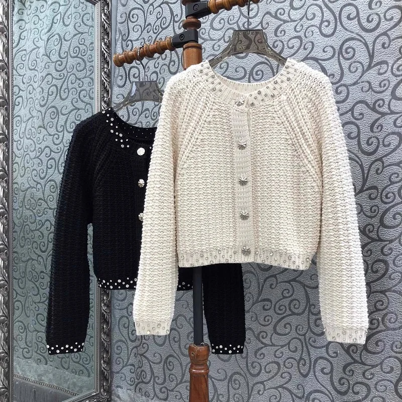 

100%Wool Knitted Sweaters 2024 Early Spring Fashion White Black Cardigans High Quality Ladies Beading Deco Casual Cardigan Coat