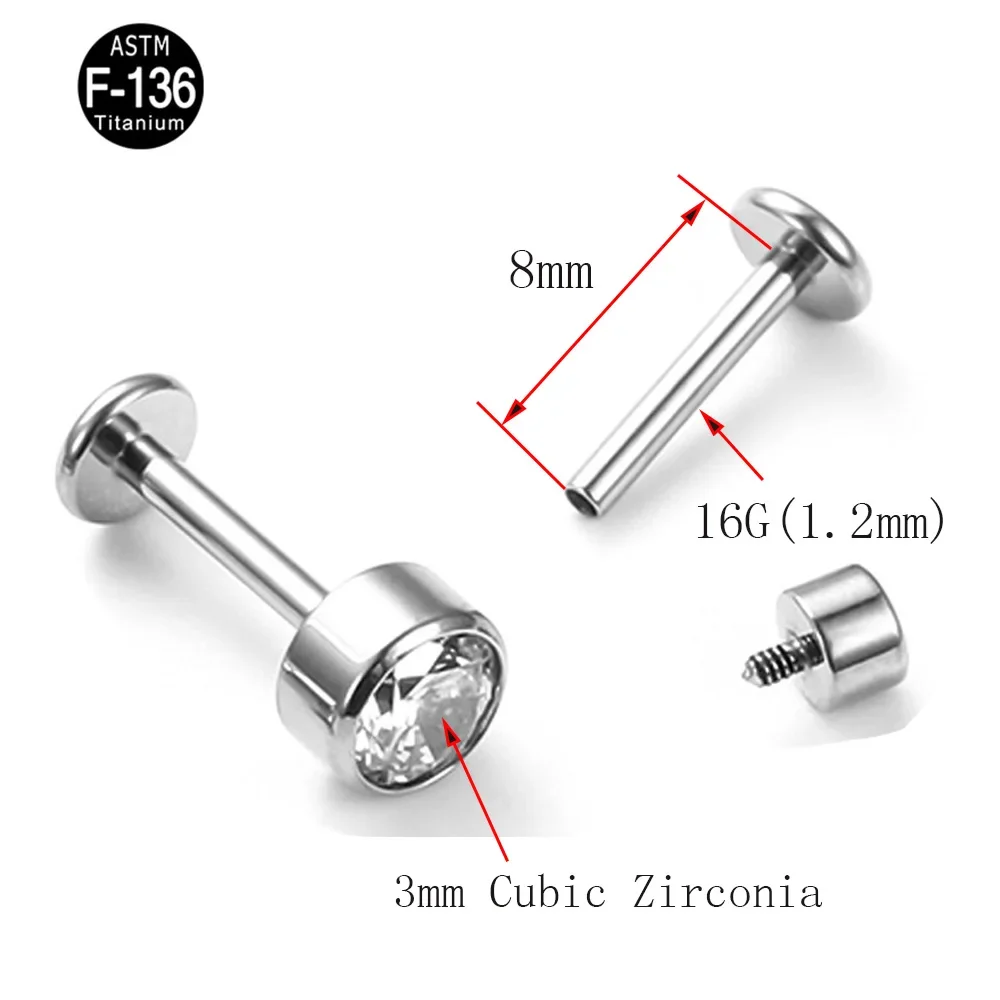 ASTM F136 Titanium  ear studs Labret Stud CZ Round Tragus Lip Ring Ear Cartilage Earring Piercing Lip Stud Body Jewelry Piercing