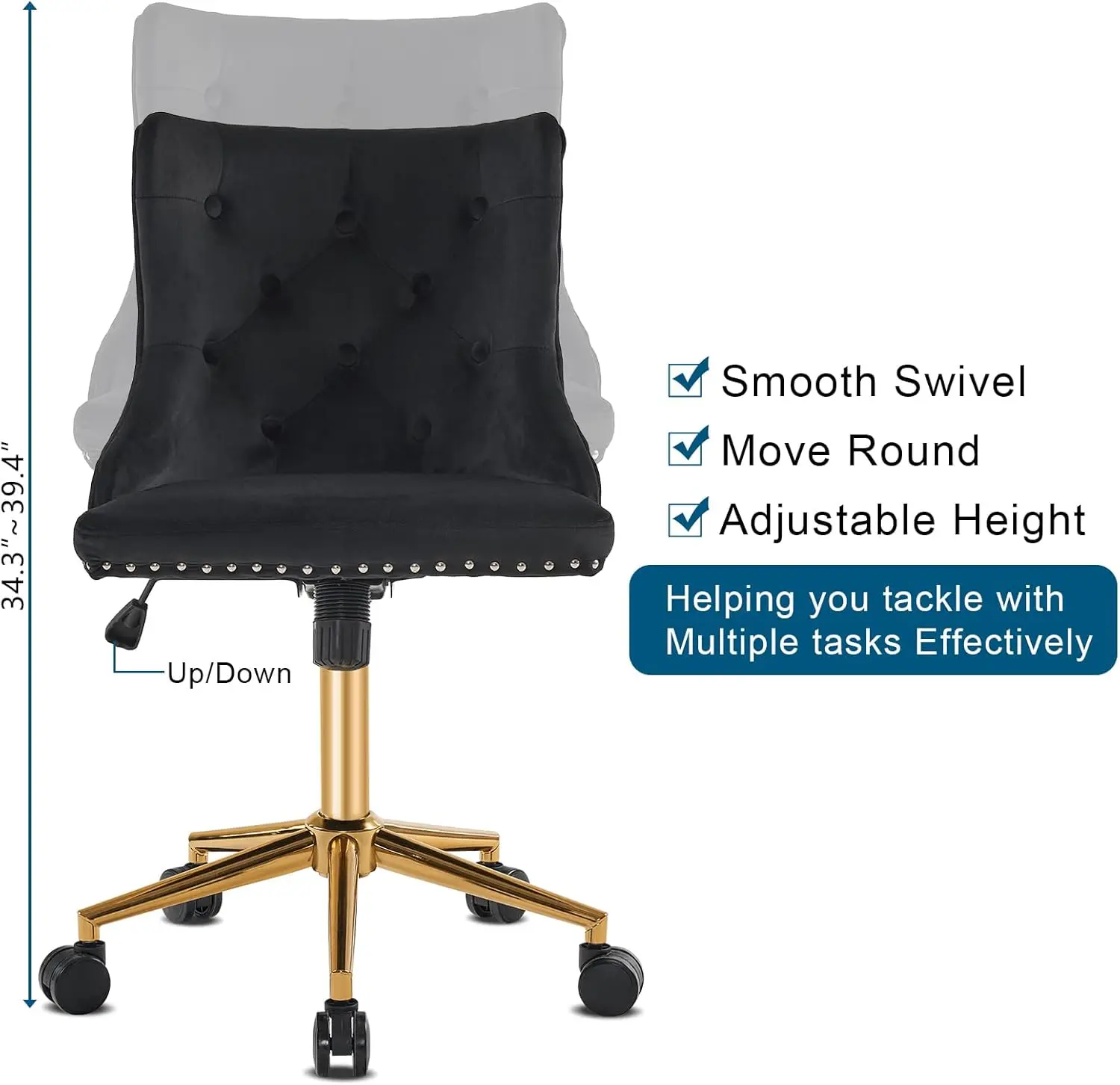 Black Velvet Armless Home Office Desk Chair with Gold Base/Wheels, Modern Small Rolling Task Accent Chair for Bedroom