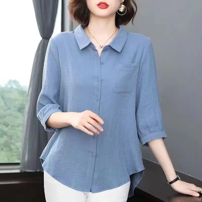 2024 New Summer Women Simple Commute Loose Thin Lapel Solid Color Panel Pocket Button Cardigan Pure Cotton Shirt 3/4 Sleeve Top