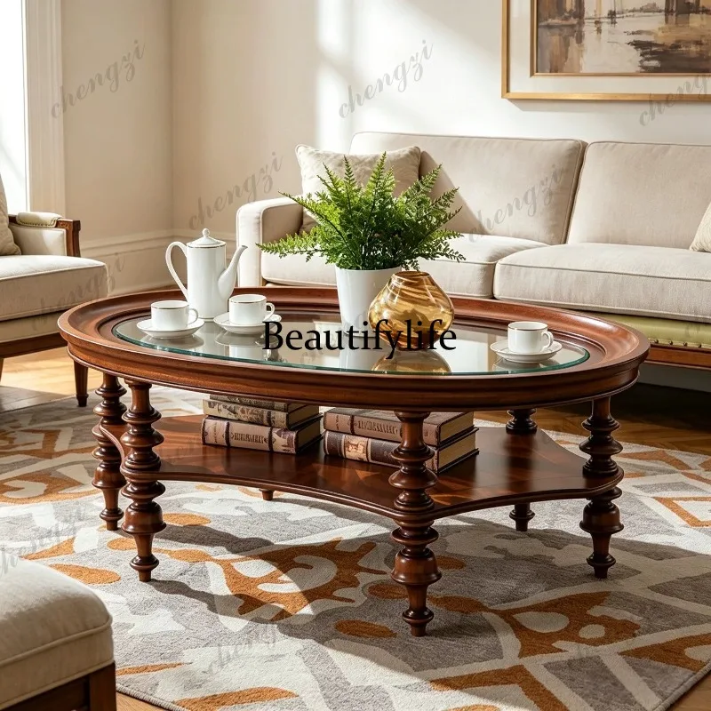 American medieval solid wood tempered glass oval coffee table simple modern tea table