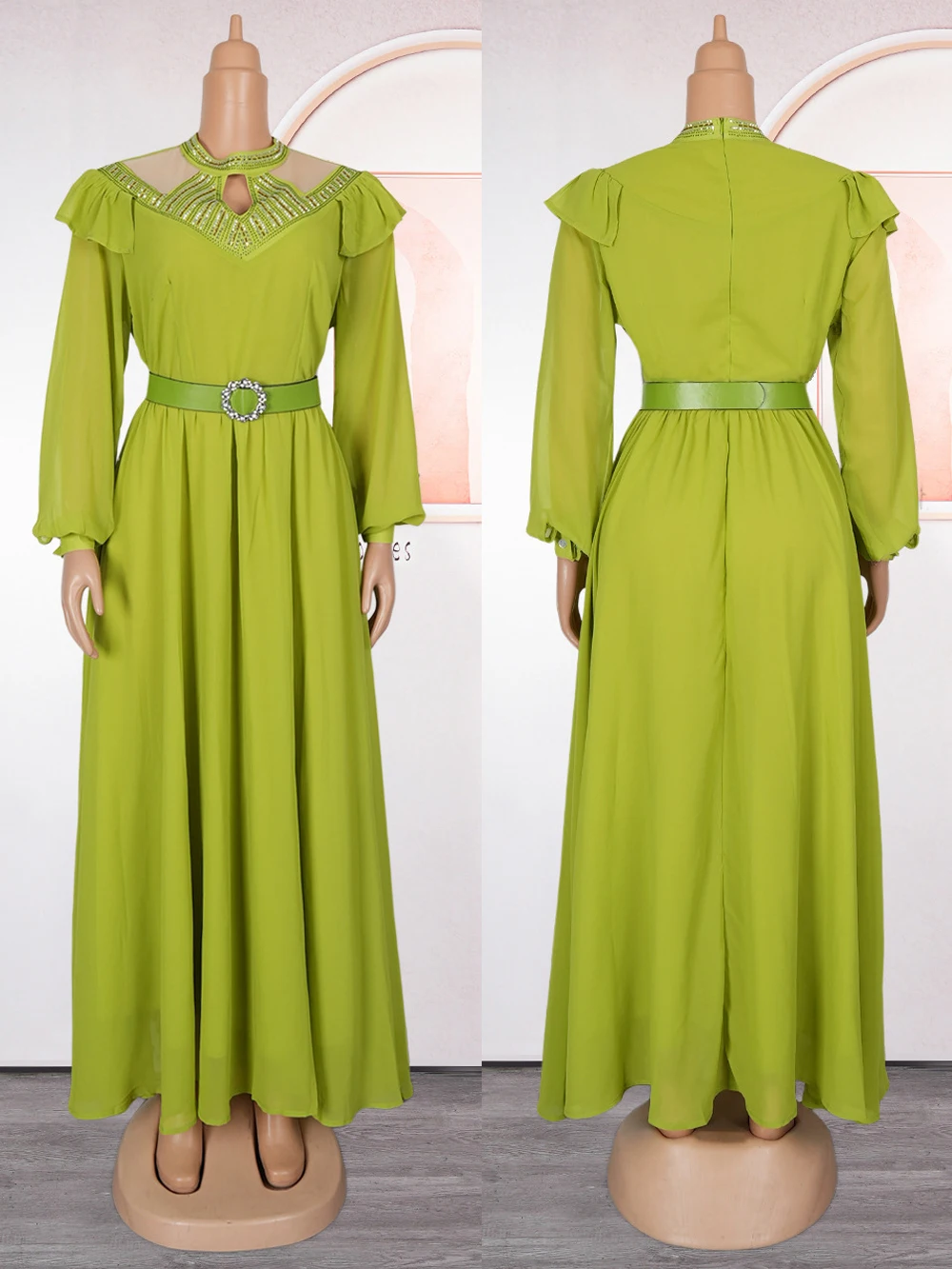 فستان سهرة نسائي أنيق بأكمام طويلة شيفون ماكسي رداء حفلات فاخر ماسي دبي تركيا عبايات قفطان ماروكين نسائي