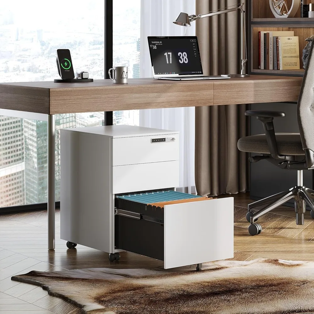 3-drawer Mobile Filing Cabinet with Smart Lock, Pre Installed Steel Base Under The Desk, White Office Filing Cabinet