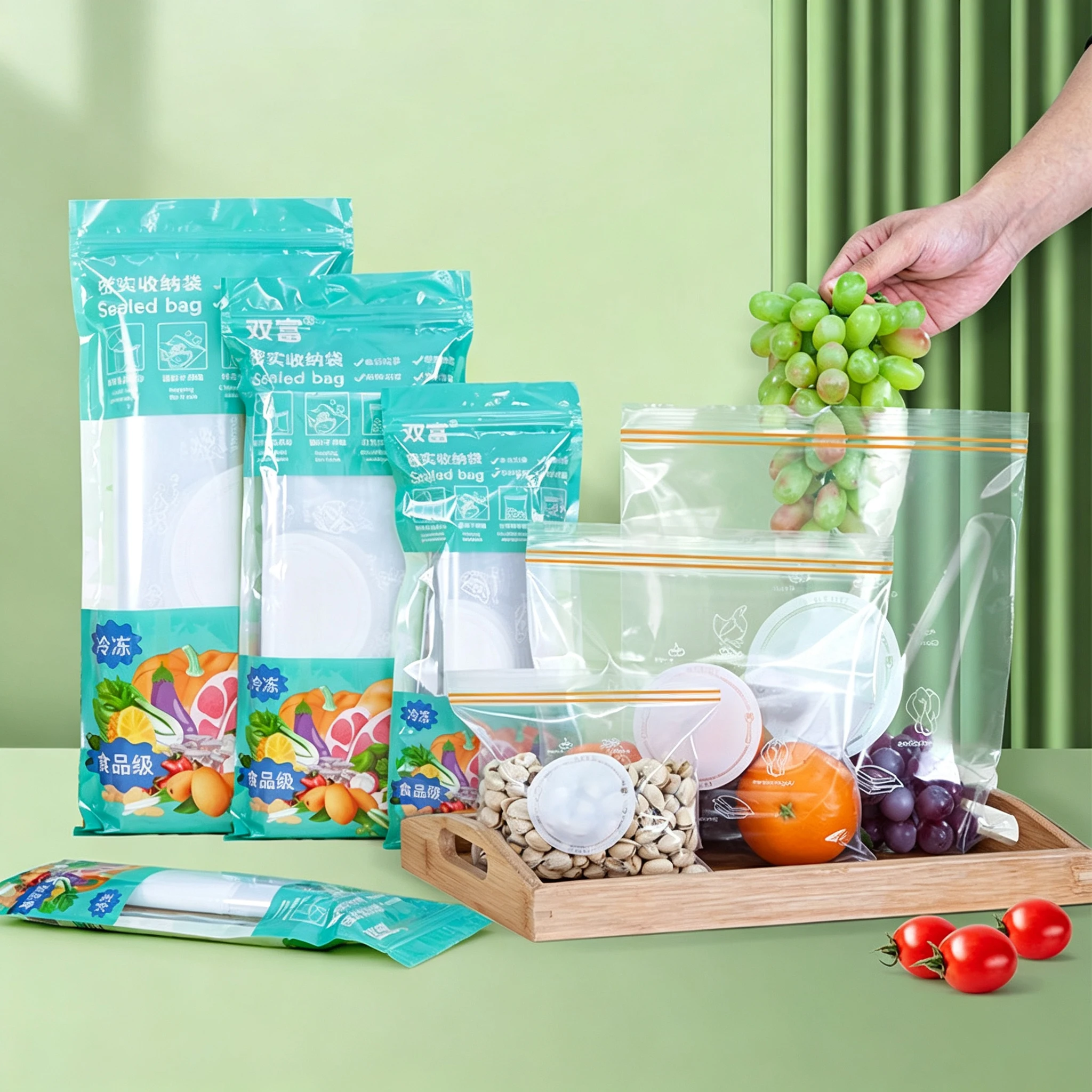 Bolsa sellada con doble cremallera, bolsas de plástico de calidad alimentaria, reutilizables para frutas, nueces y verduras para mantener los alimentos frescos.