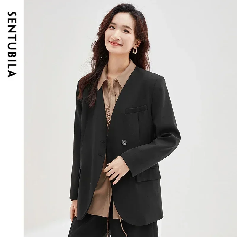 

SENTUBILA V Neck Blazer Jacket Women 2025 Single Breasted Long Sleeve Simple Office Lady Work Business Female Coat 133X51802