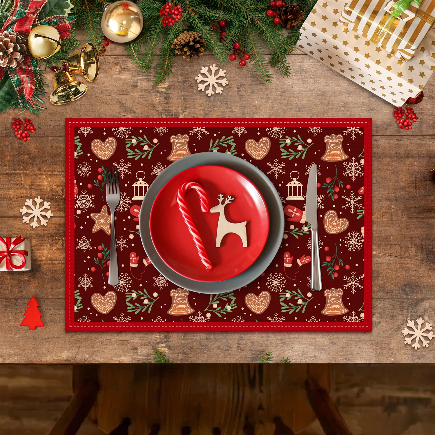 Snowflake Berry Bell Gingerbread Christmas Placemats, Durable & Practical, Everyday & Holiday Dining Mats