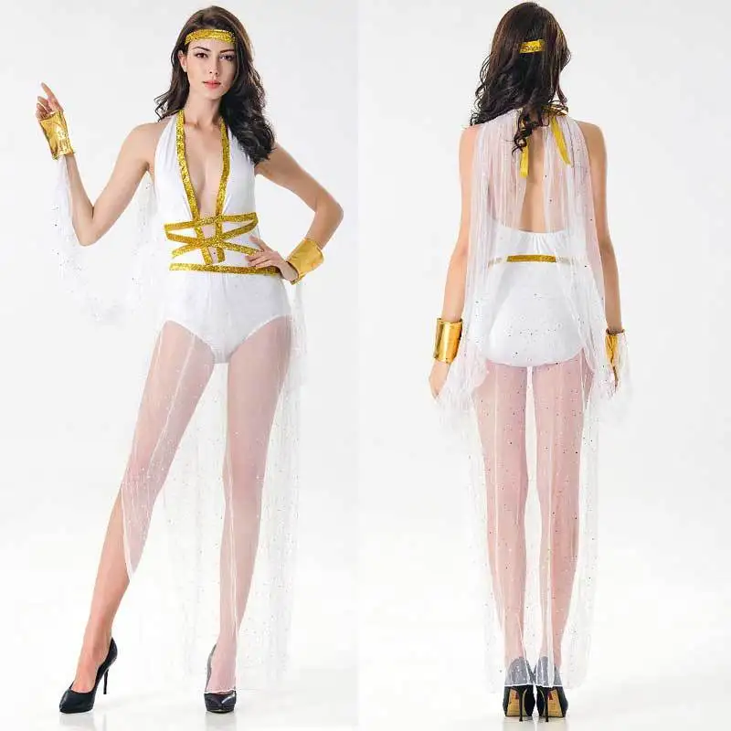 Adult Women Sexy White Greek Goddess Costume Halloween Cosplay Cleopatra Athena Fancy Dress