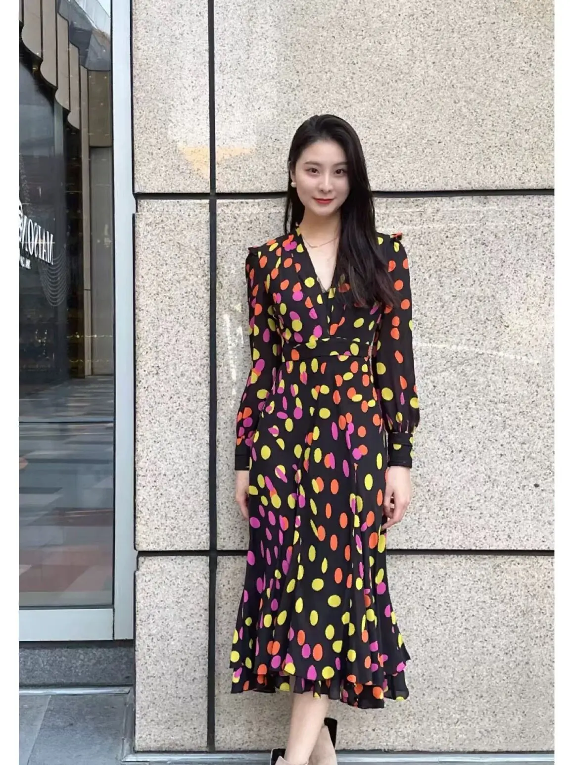 Multi Colors Spot Printed Lace Trim Midi Dress US 2-US 10