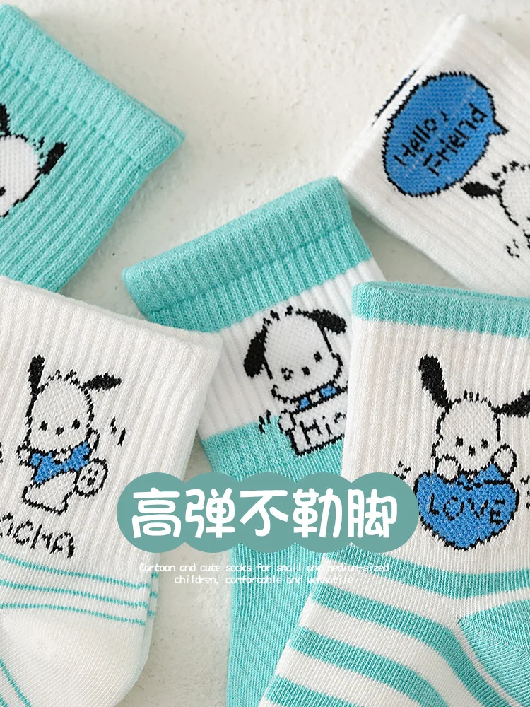 Sanrio-Calcetines de algodón de media pantorrilla para niños, medias Kawaii de dibujos animados, regalos para niñas, otoño e invierno, 5 pares