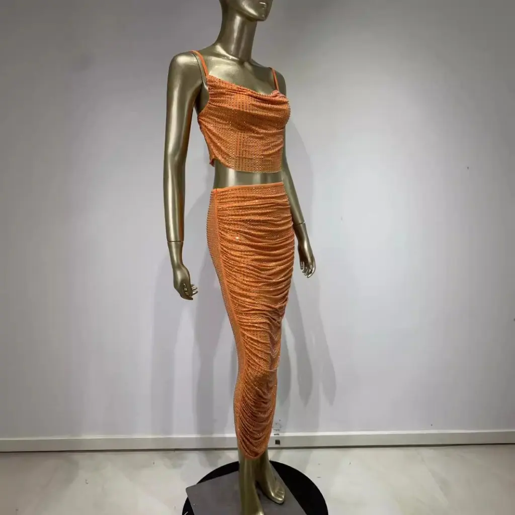 

Women's Crop Top Skirt Set European American Style Diamond Sticky Banquet Party Dress Popular
