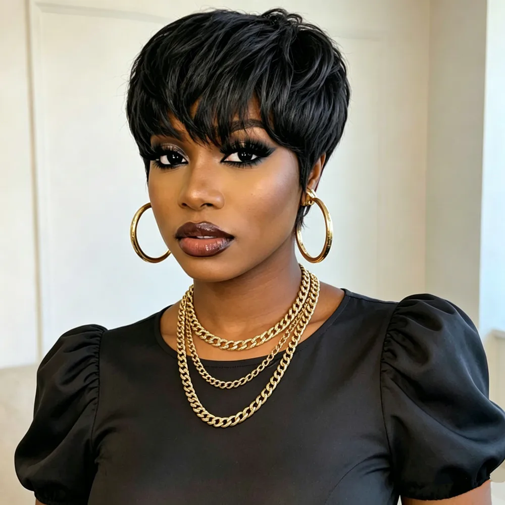 pixie straight human hair wig 150% density wig 6inch brown/99j/black color pixie cut machine made wig for women