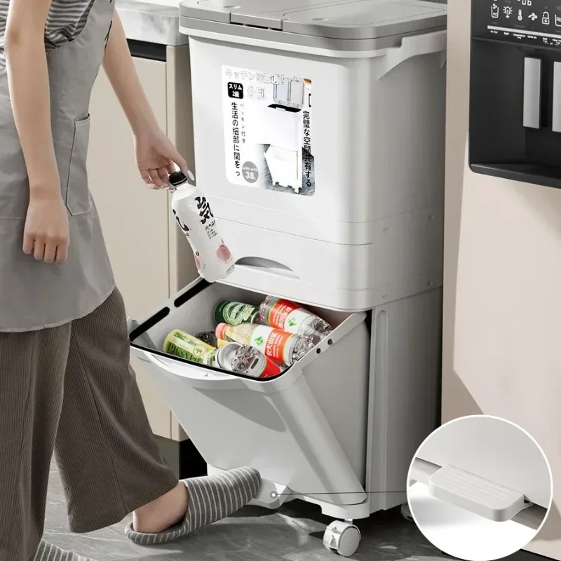 Japanese-Style Removable Trash Can, Double-Layer Large Capacity with Lid Kitchen Garbage Separation Bin, Modern Waste Management