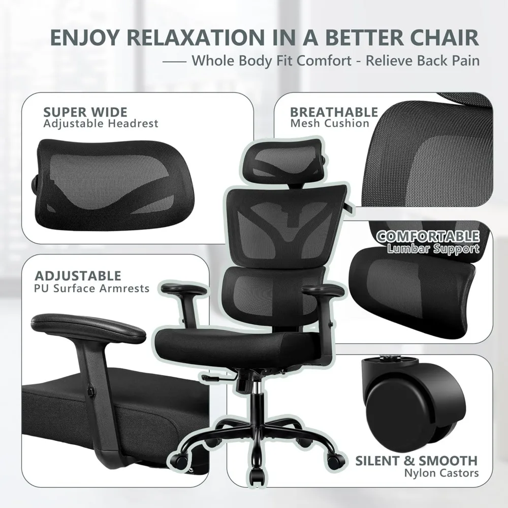 Silla de escritorio ergonómica para oficina, asiento de juegos de espalda alta, grande y alto reclinable, cómoda, para el hogar y Escritorio de oficina, soporte Lumbar