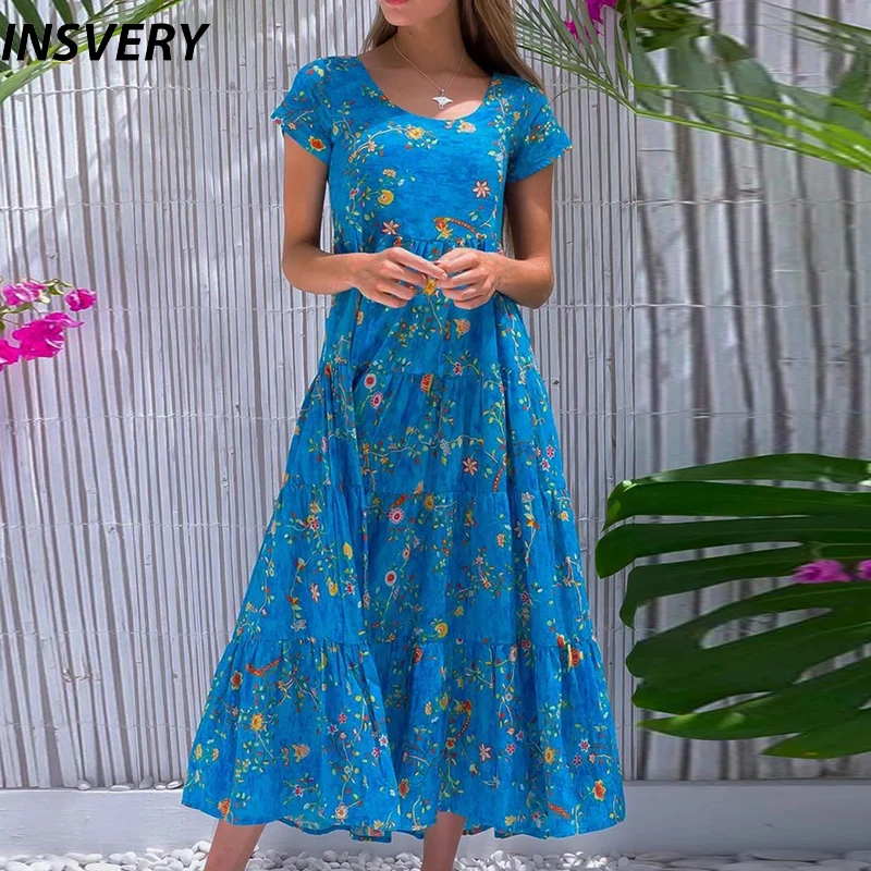 

Summer Long Dress Women Elegant Floral Print Short Sleeve A-line Short Sleeve Holiday Beach Sundress 2023