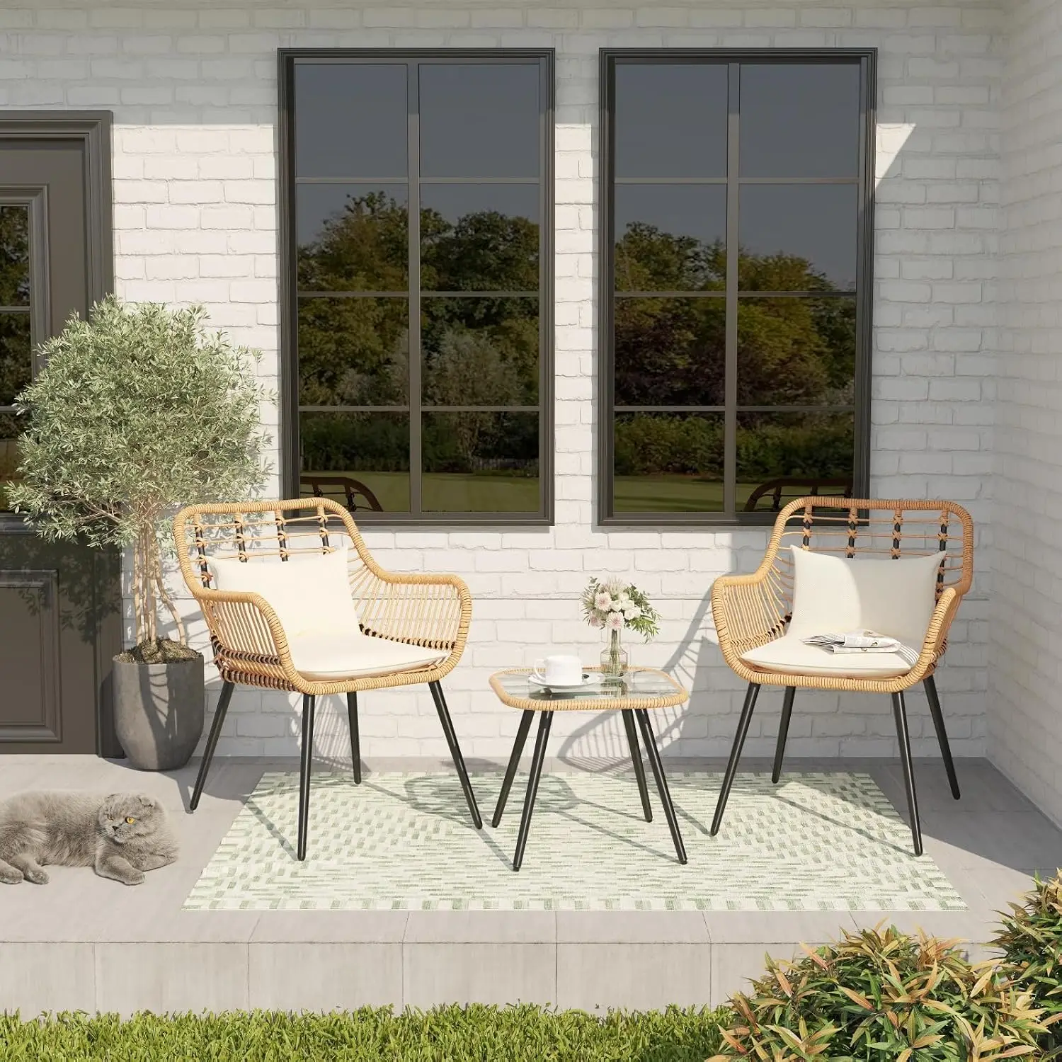 3 Pieces Patio Bistro Set, Wicker Conversation Chair Sets | Outdoor Balcony Furniture, Coffee Table, Glass Top, Cushions, Lumbar