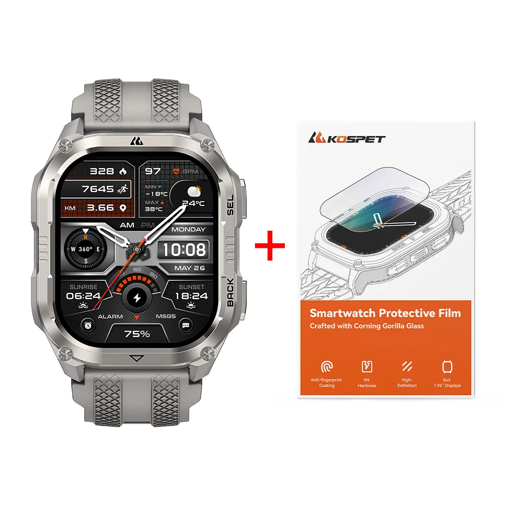 KOSPET PULSE 2 Smartwatch voor heren met GPS Dual Band AMOLED 1.96" militair horloge 5ATM IP69 LED zaklamp 170+ sporten hartslagmeter