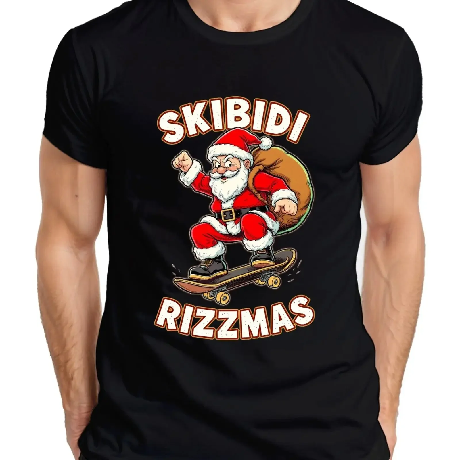 SKIBIDI RIZZMAS Santa Claus Skateboard Christmas Skater Men's T Shirt vintage Washed homme Casual graphic Stretched Soft