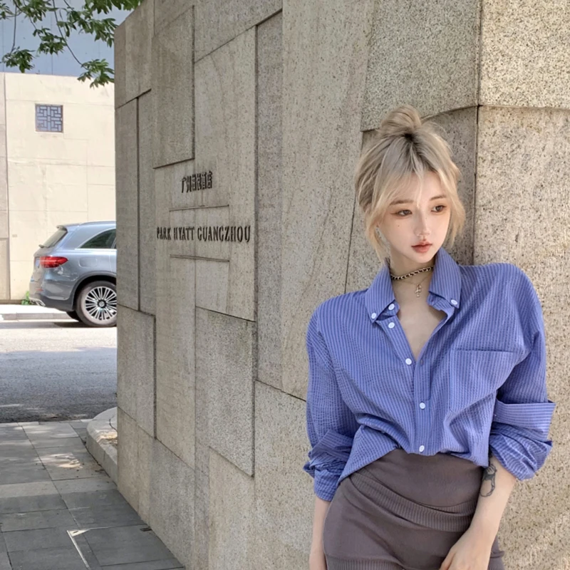 

MEXZT Elegant Striped Shirts Women Fashion Streetwear Long Sleeve Blouses Summer Korean Pocket Patchwork Casual Design Tops New
