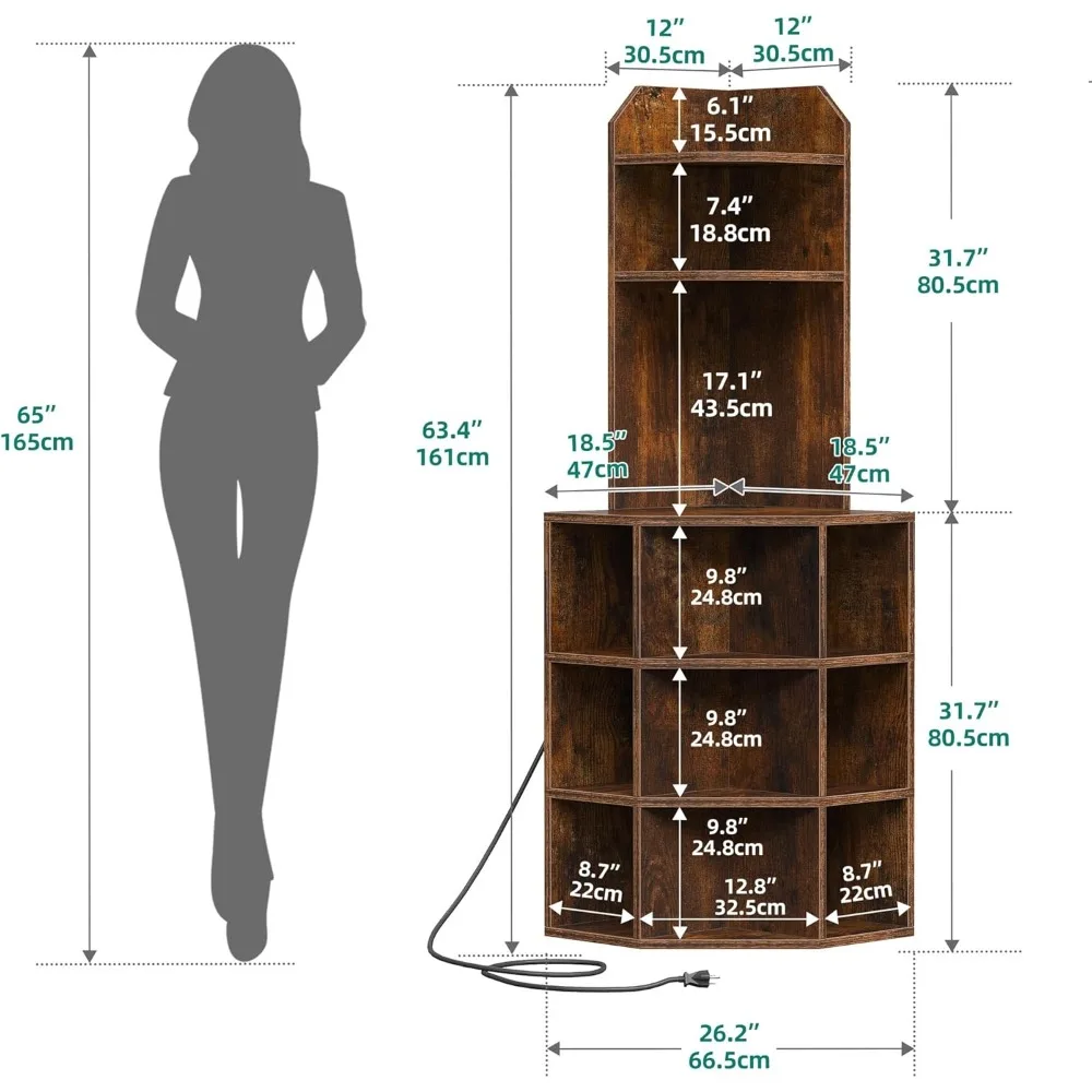 Estante esquinero con puertos y tomas USB, estación de carga de gabinete de almacenamiento de esquina industrial, estantería de exhibición de madera