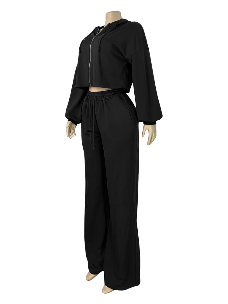 JENYAGE Oversized Zweiteiler-Set für Damen, weicher, einfarbiger, bequemer Crop-Hoodie mit Reißverschluss und Kordelzug, weite Jogginghose, Streetwear-Trainingsanzug – Detail 4