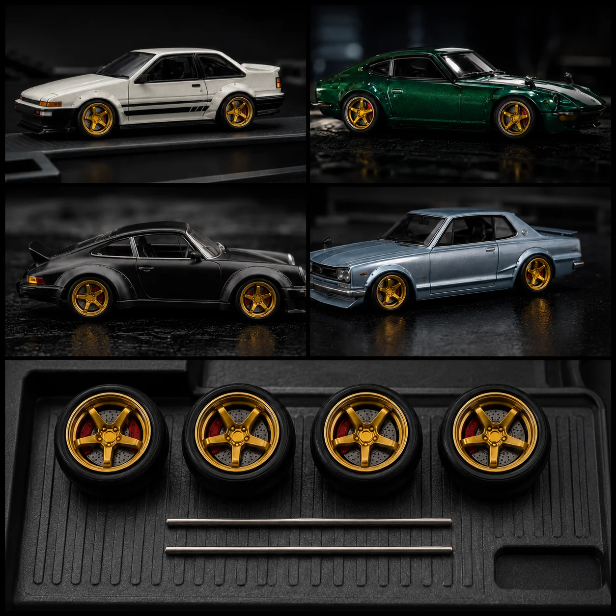 X-Scale 1/64 Dynamic Bearing Rubber Tires, Detachable Wheels with Brake Discs, Realistic Parts for Model Car Modification