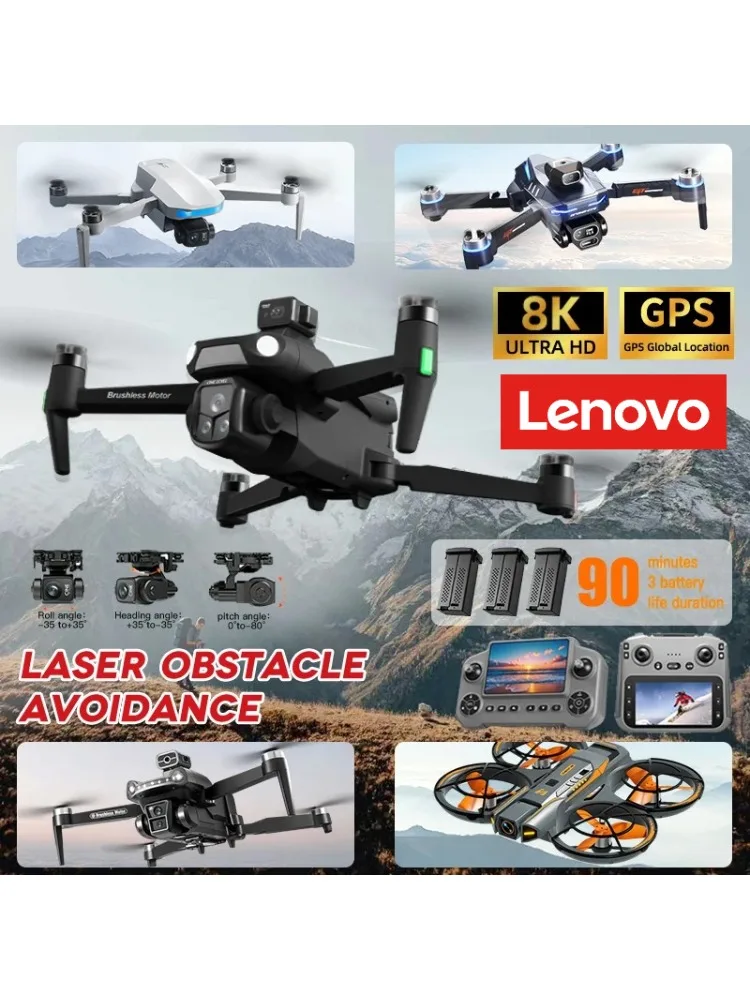 Drone RC GPS Lenovo 8K professionnel, photographie aérienne HD, évitement d'obstacles par laser, quadricoptère, cardan à trois axes