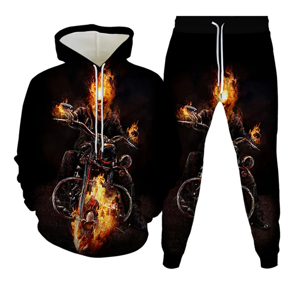 New Men\'s Tracksuit Sets Goth Punk Skull Fire 3D Printing Hoodies Pants Suit High Quality Skeletons Pullover Streetwear Oversize