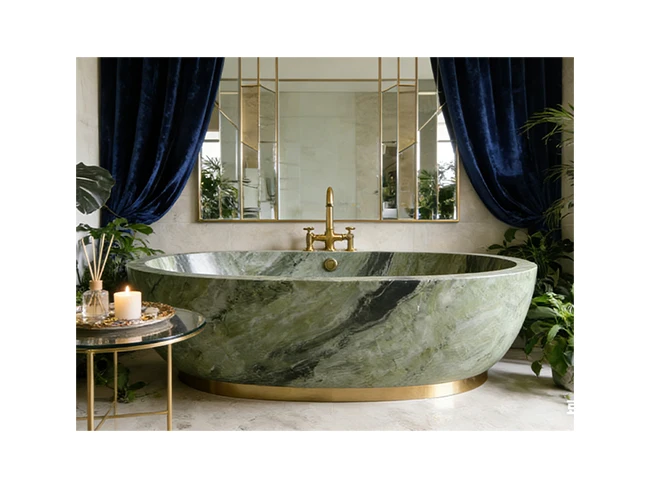 Luxury Stone Baths,HRST Stone Connemara Marble Bathtub Hand-Carved Oval Calcite Polished Finish Eco-Friendly & Durable  stand