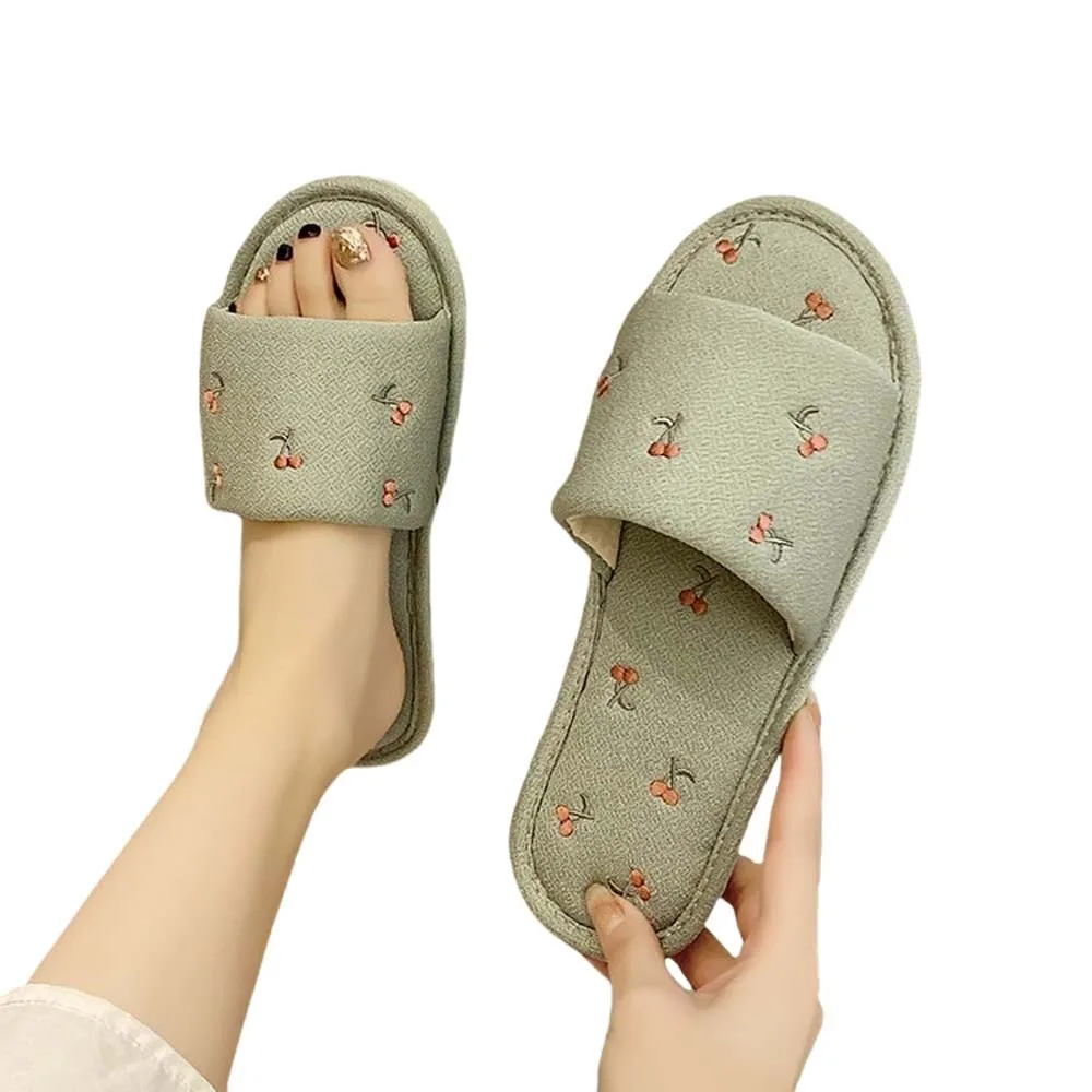 

Cartoon Cherry Cotton Linen Slippers Cherry Platform Korean Slides Sandals Ins Style Anti Slip Homewear Shoes Indoor Outdoor