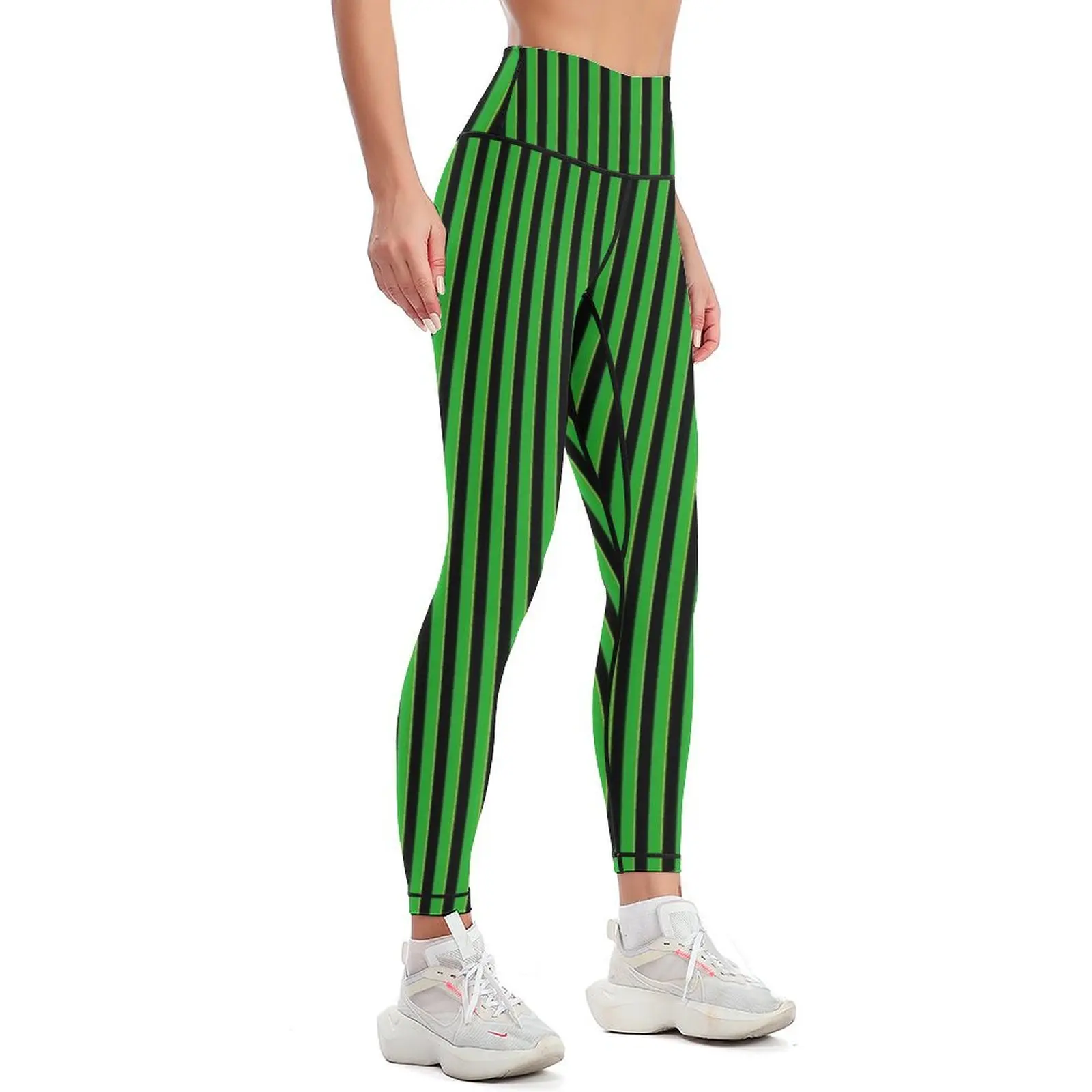 Vertical Stripes Green Black and Yellow Leggings gym's sportswear flared active wear Womens Leggings