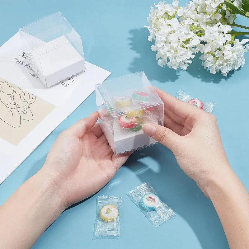20 Packs Clear Plastic Gift Boxes with Paper Pedestal Transparent Favor Box for Candy Cookie Wedding and Baby Shower Party Treat