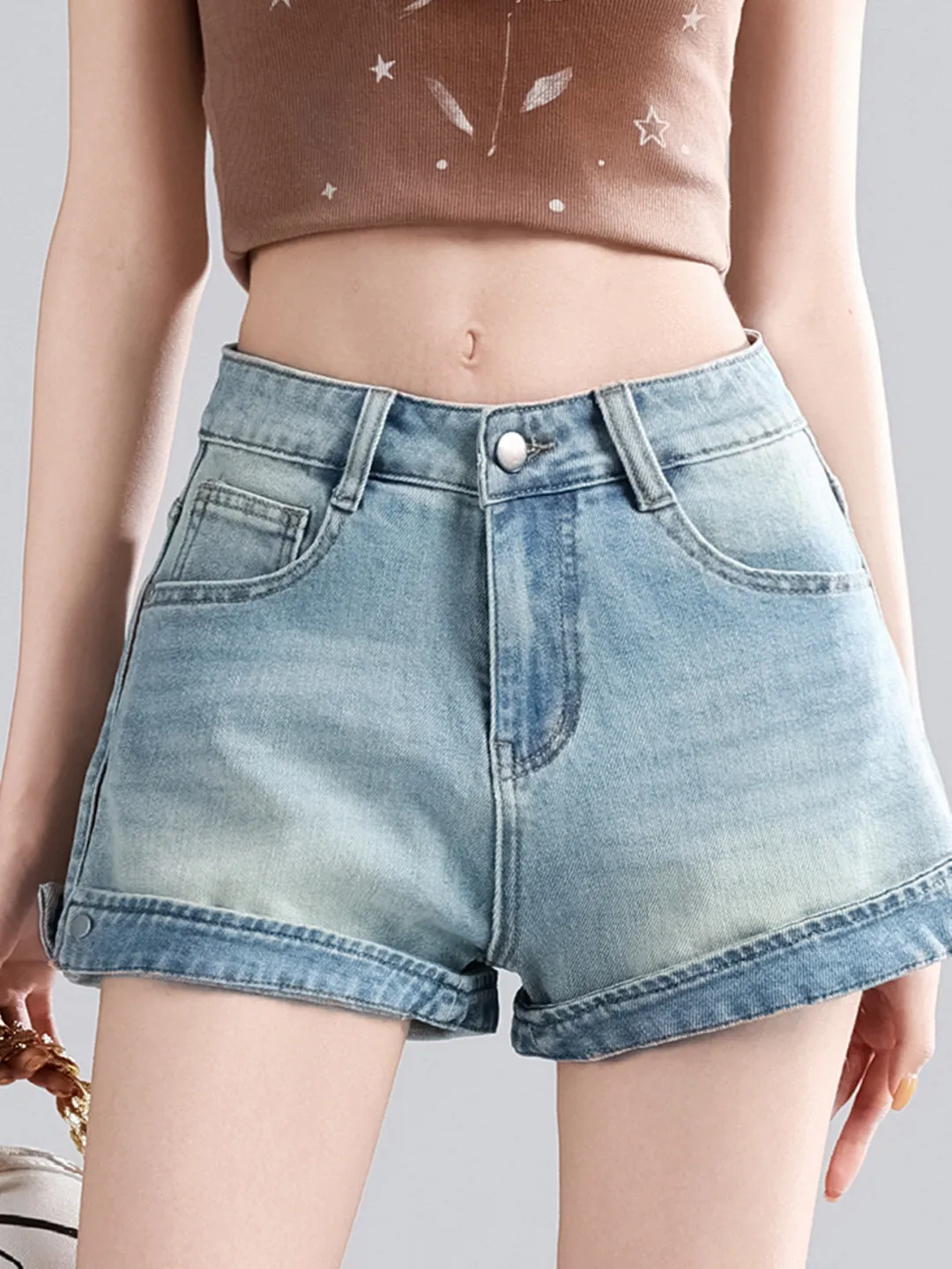 High Waist Chic Light Blue Denim Shorts Women's Summer Slimming Versatile High Waist Cuffed Wide Leg Hot Pants Korean Style