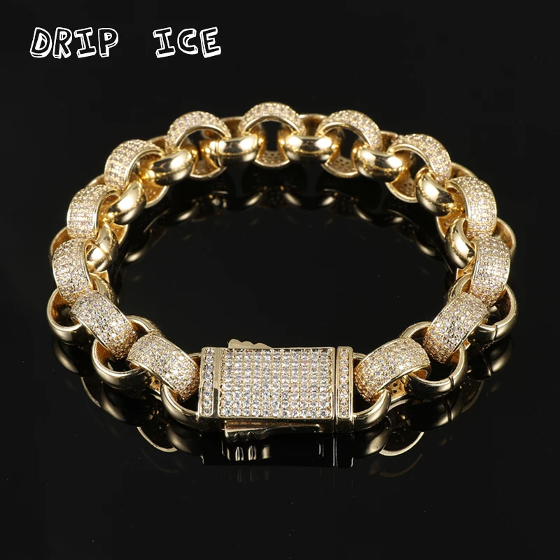 

12mm Hip Hop Iced Out Bling CZ Men Link Bracelet 7 8 9 inch Gold Plated Miami Cuban Chain Bracelets Male Rock Jewelry Gifts