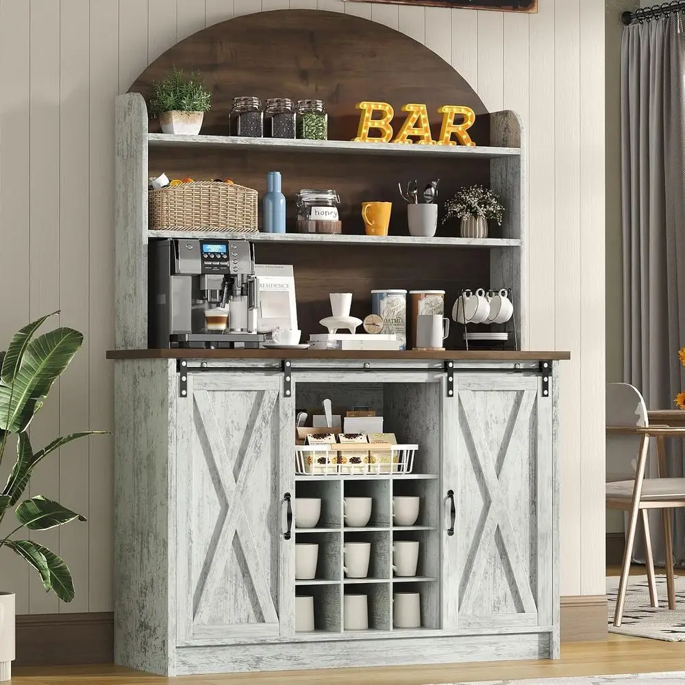 

67 High Armhouse Coffee Bar Cabinet, 47 Wide Hutch with Sliding Door, 9 Wine Racks, Adjustable Shelves, Grey