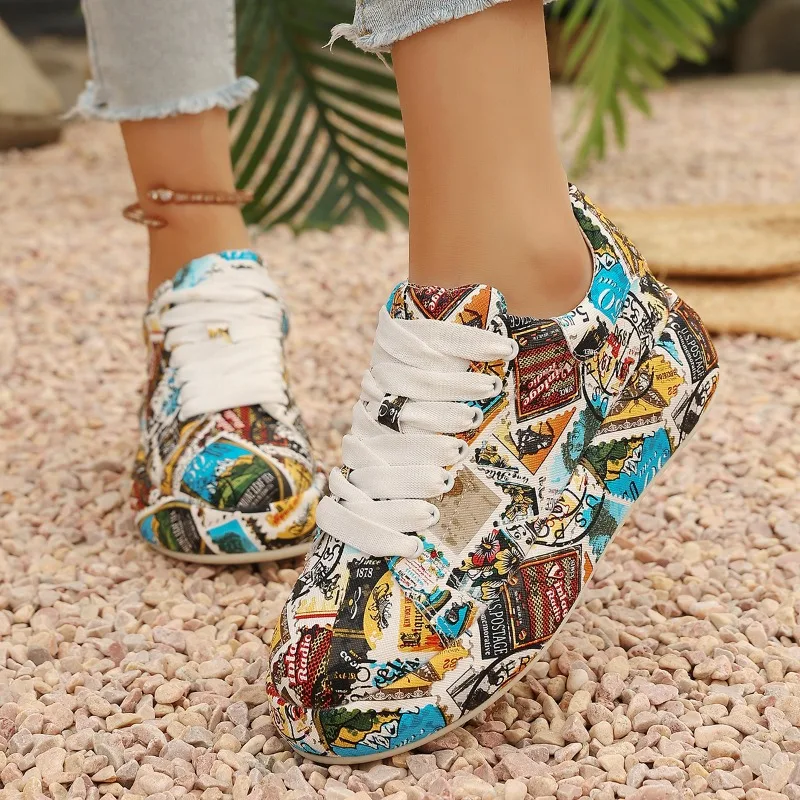 Women Sneakers Thick Soled Comfort Loafers 2026 New Fashion Hand Painted Graffiti Designer Shoes Outdoor Casual Female Sneakers