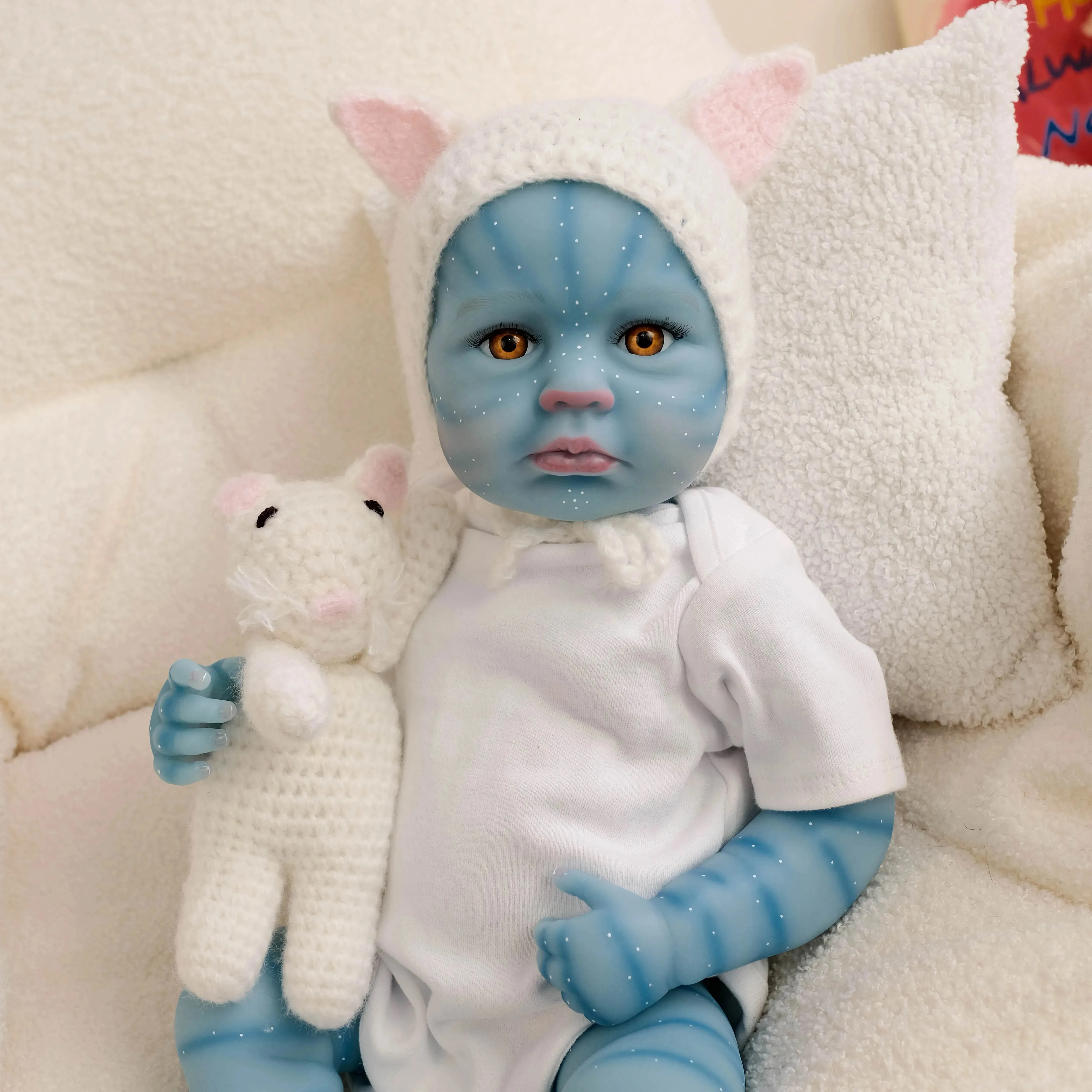 19 inch LouLou Blauwe huid Volledige Vinyl Meisje Lichaam Levensechte Reborn Babypop Meerdere Lagen Schilderen 3D Huid Handgeschilderd Haar