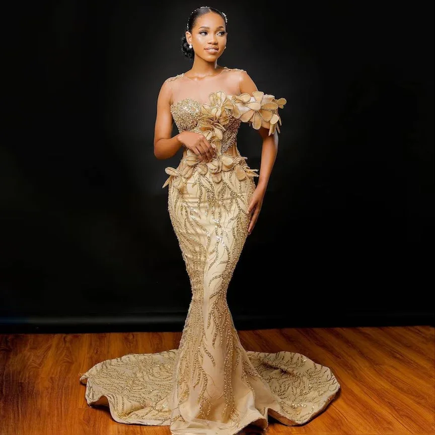 Luxury Beaded Gold Mermaid Prom Dresses Aso Ebi Style Handmade Flowers Shiny African Wedding Reception Gown Dinner Party Dress