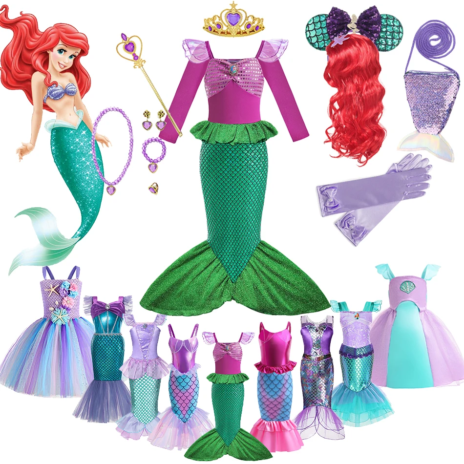 Disney-vestido de la Sirenita Ariel para niñas, disfraz de fantasía, fiesta de cumpleaños, Carnaval