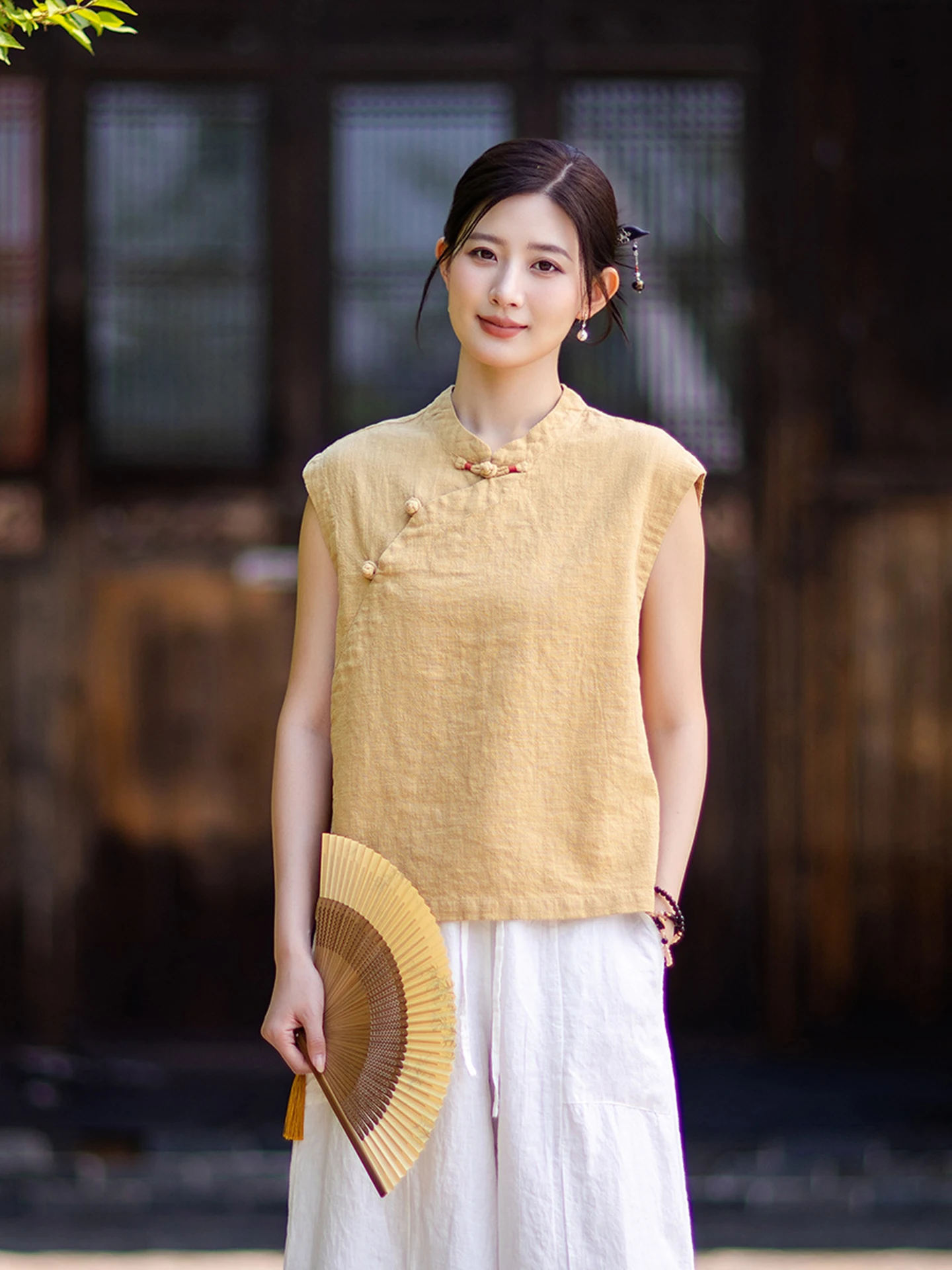 New Chinese Style Women's Cotton Linen Sleeveless Top Slanting Button Retro Tea Costume T-Shirt Loose Fit Artistic Style Summ...