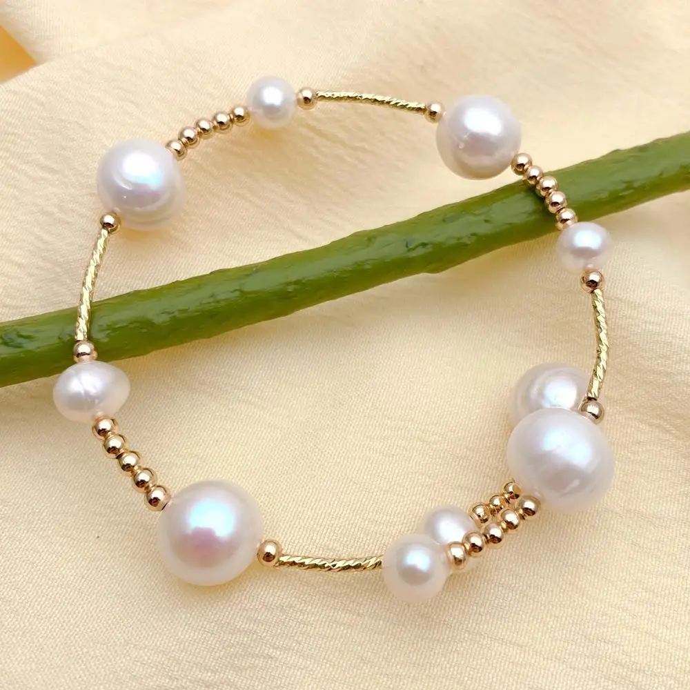 

YYGEM 7-8 мм 12-13 мм пресноводный культивированный белый картофельный жемчуг позолоченные бусины браслет регулируемый