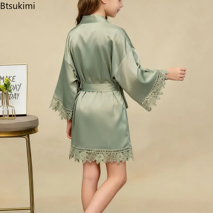 Dziecięcy szlafrok z jedwabiu lodowego, jednolity kolor, matowa koronka, szlafrok poranny, piżama, gładki, miękki, wygodny, codzienny szlafrok do spania dla dzieci.